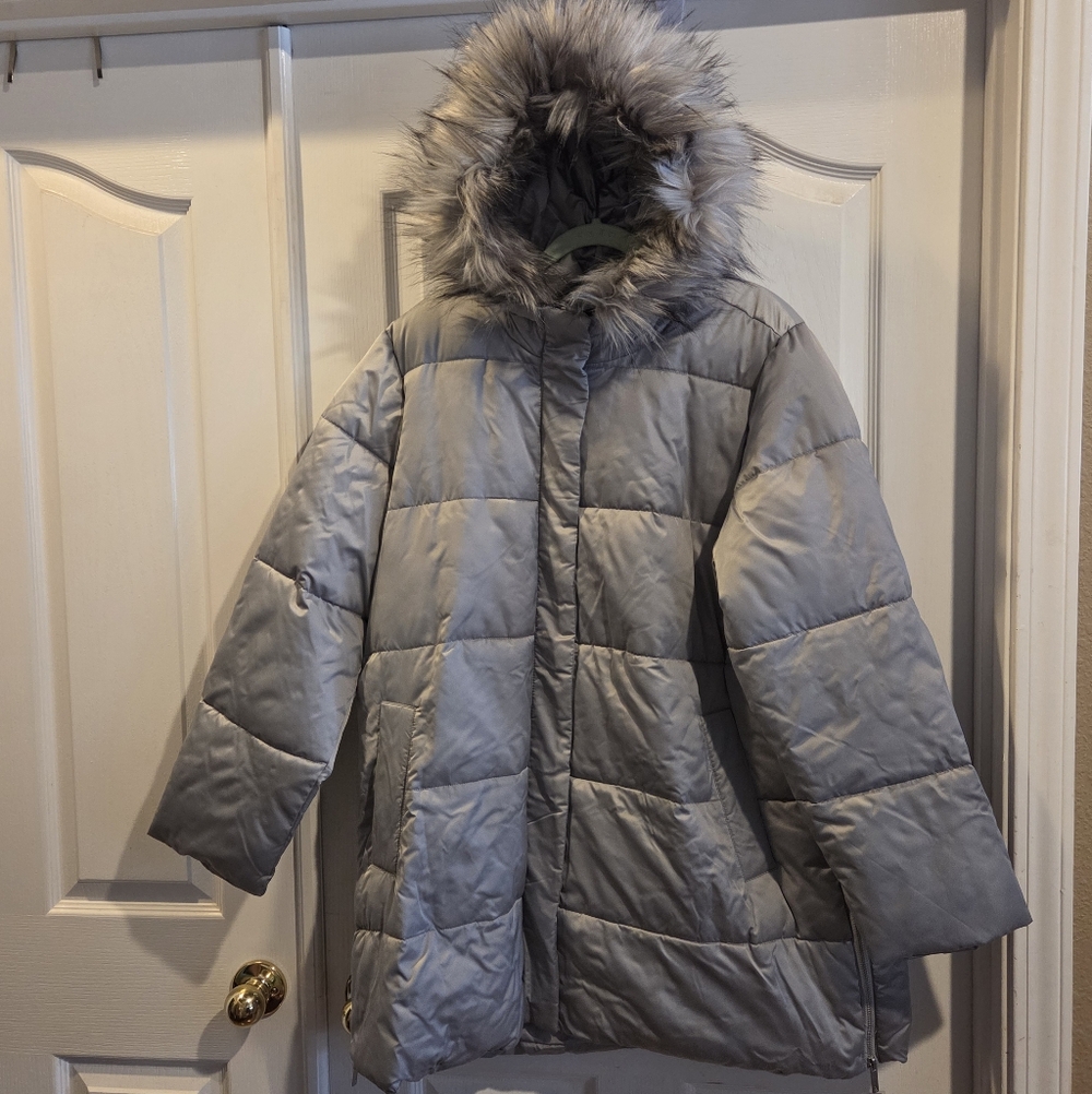 Dennis Basso Long Winter Puffer Coat Faux Fur Gray Hood Hooded Designer QVC 1X